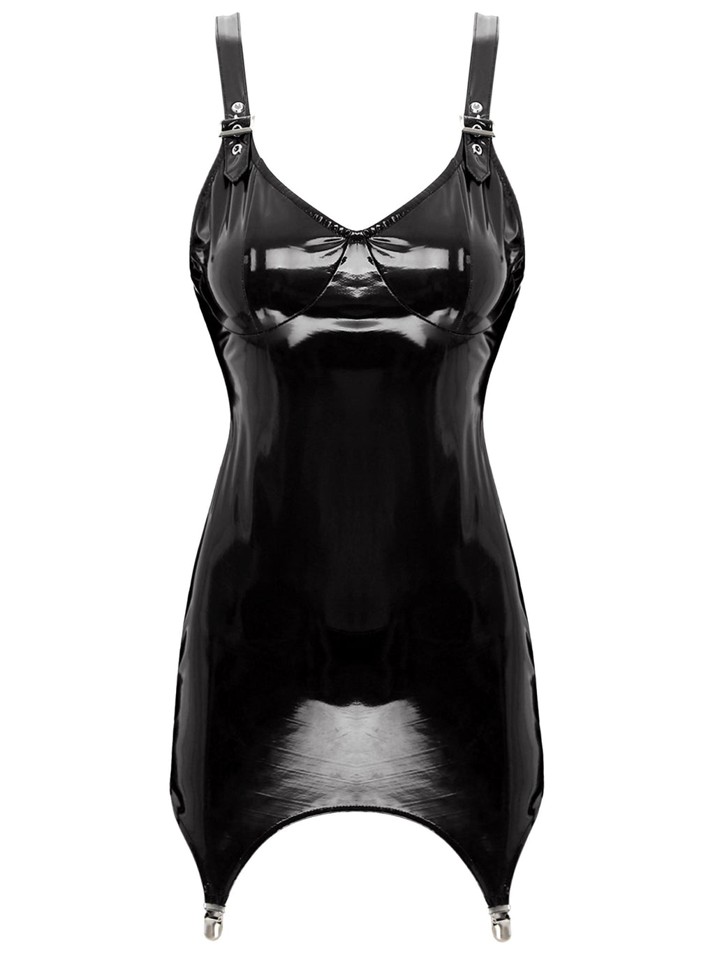 Womens Shiny Metallic PVC Leather V-Neck Mini Dress Chemise Wet Look Night Club Bodycon Babydoll Clubwear with Garter Belt