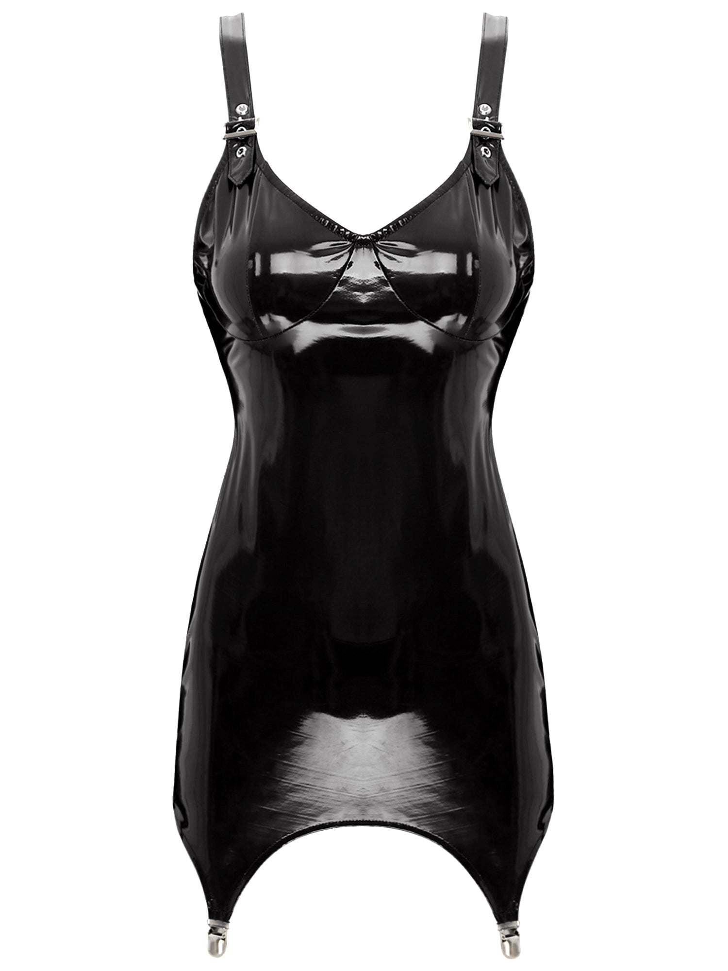 Womens Shiny Metallic PVC Leather V-Neck Mini Dress Chemise Wet Look Night Club Bodycon Babydoll Clubwear with Garter Belt