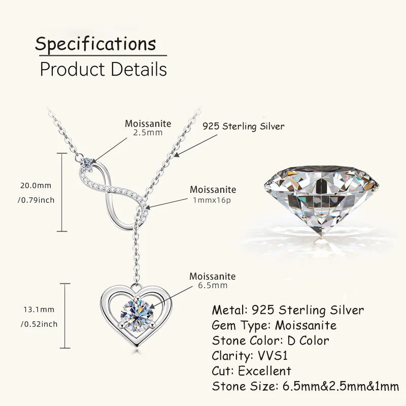 Round Moissanite Y-shape Lariat Cross Heart Infinite Pendant Necklace Chain for Women 925 Sterling Silver Jewelry Gifts