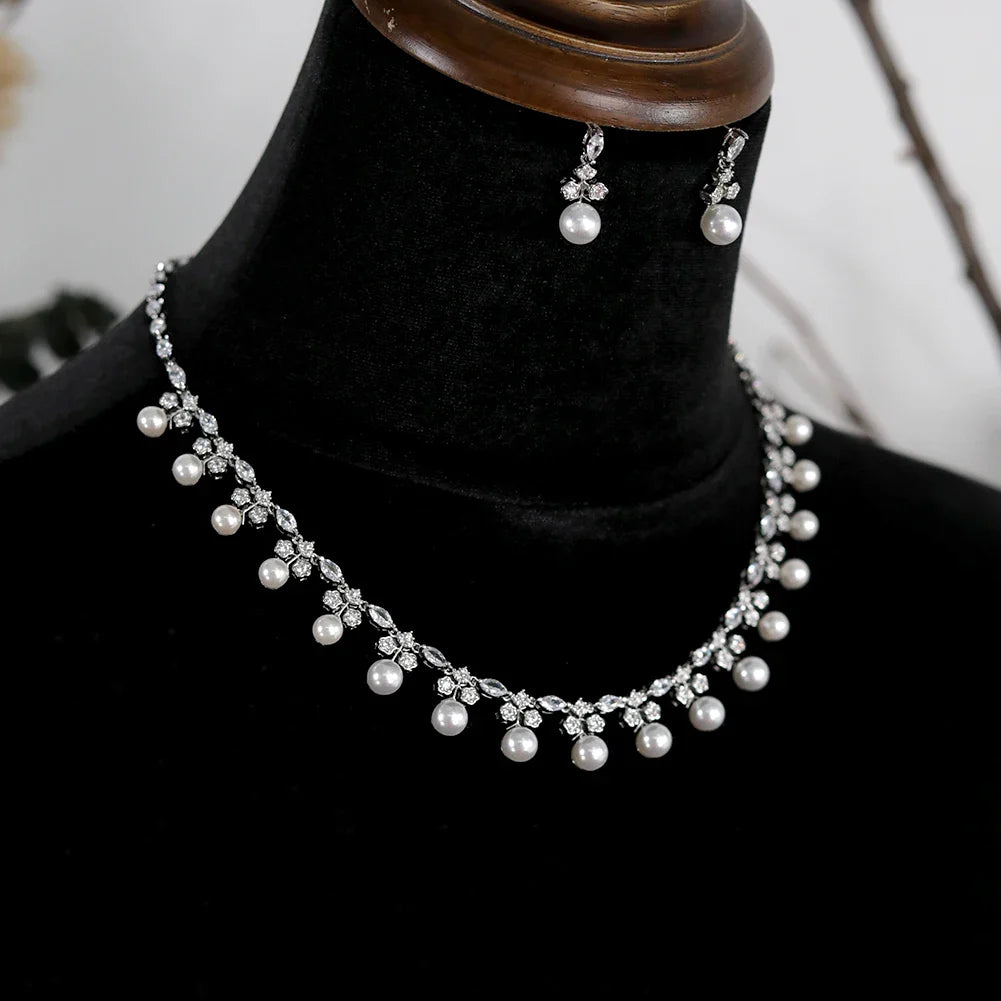 Gorgeous Cubic Zirconia Stone Pearl Choker Necklace Earring Jewelry Set for Women Bridal Satin Wedding Dress Accessories