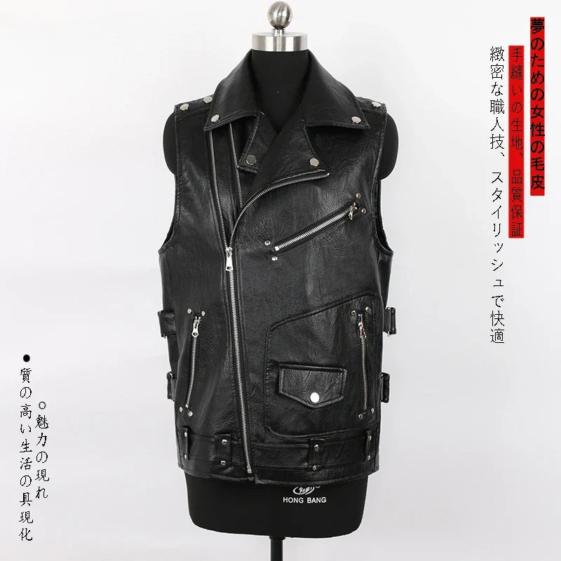 Autumn Black Motorcycle Pu Leather Vest Men Zipper Pockets Plus Size Faux Leather Biker Sleeveless Jacket 4xl 5xl