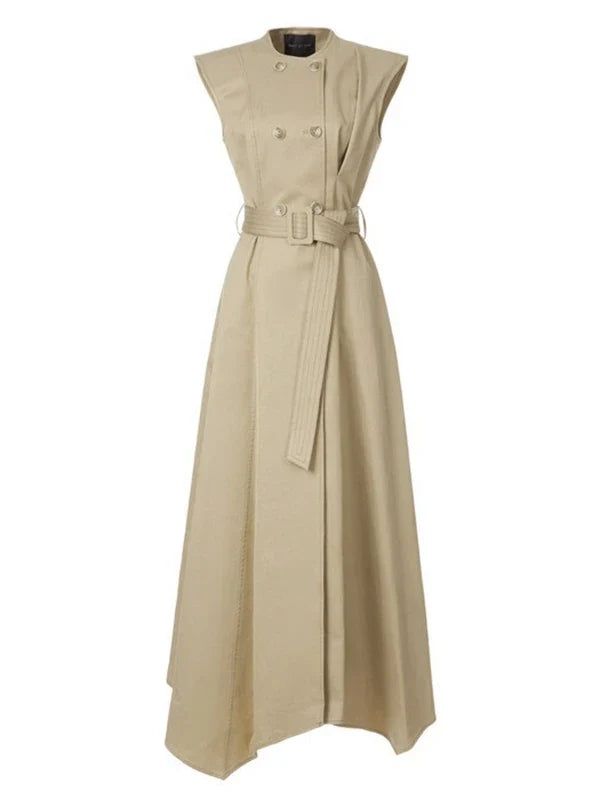 Summer 2025 Women's Elegant Sleeveless Cotton-Blended Dress Double Button High Waist A-Line Office Dresses with Belt