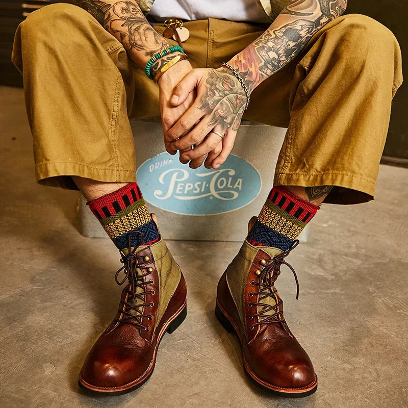 Mens Winter Plus Velvet Cotton Boots Japanese Style Comfortable Warm Motorcycle Boots Men Trendy All-match Lace-up Leather Boots