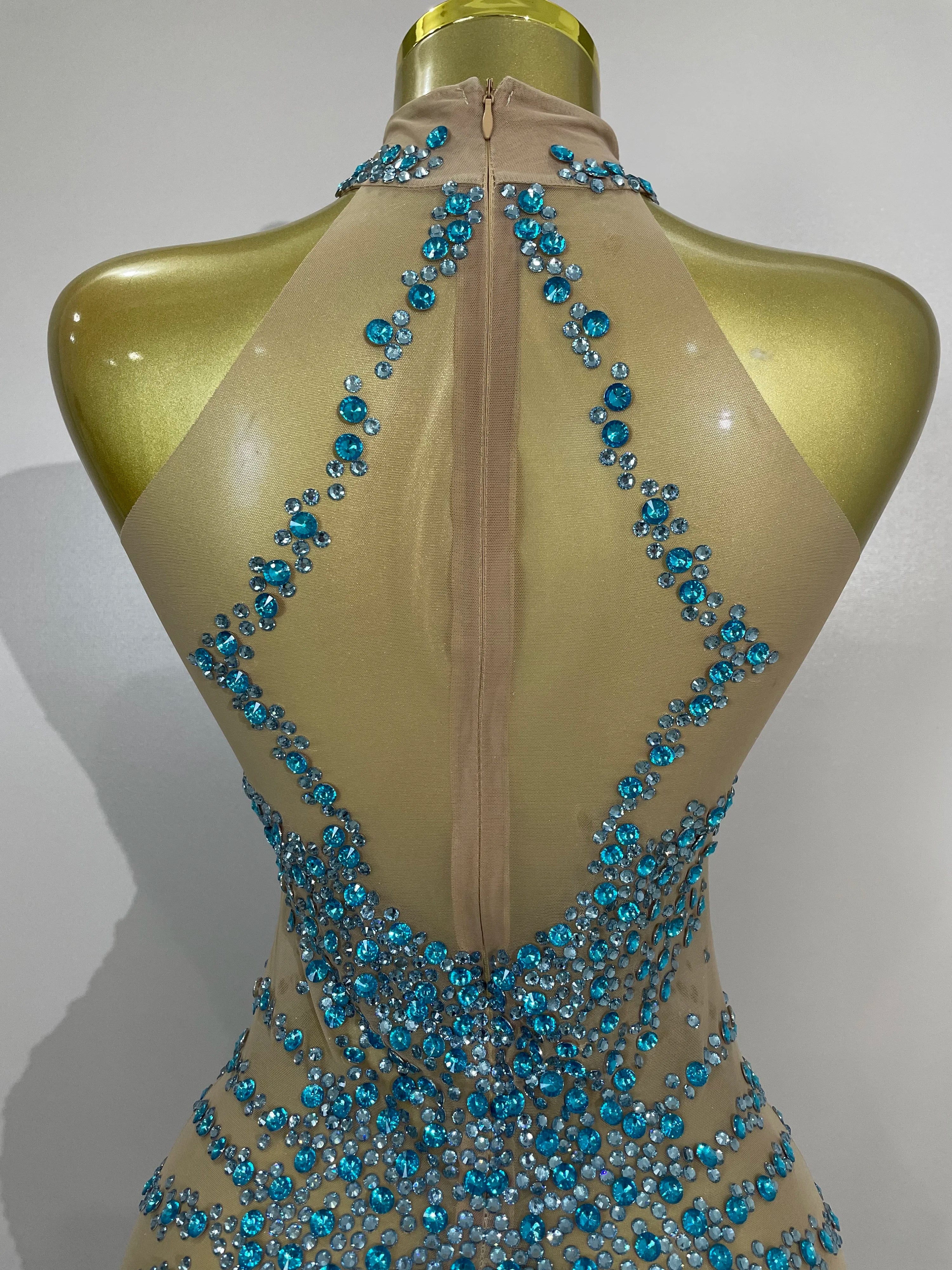 Sparkly Rhinestones Sexy Mesh See Through Dress Party Evening Prom Celebrate Birthday Dress Singer Dancer Show Stage Wear