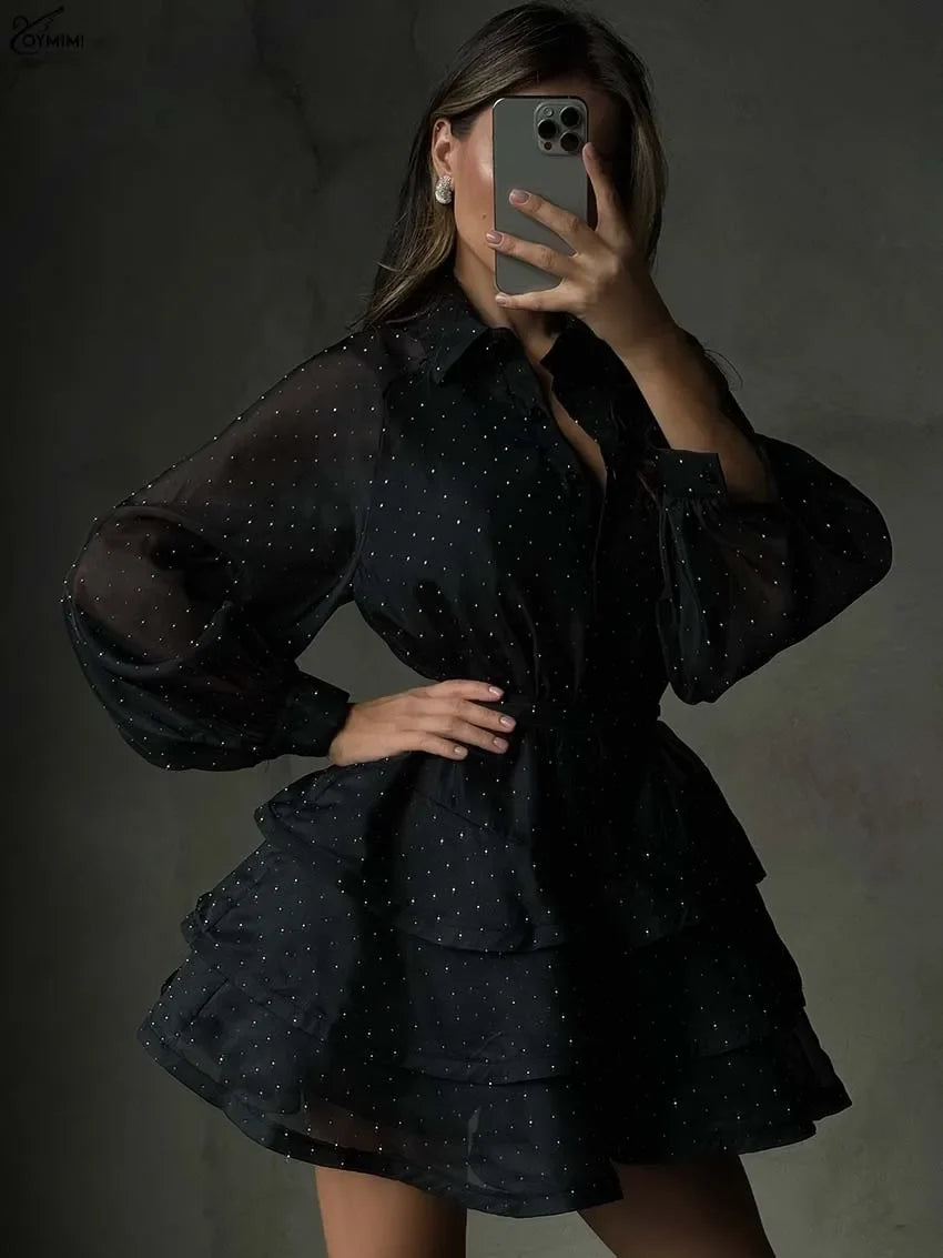Fashion Black Rhinestone Women's Dress Casual Lapel Long Sleeve Button Dresses Elegant New Lace-Up Pleated Mini Dresses