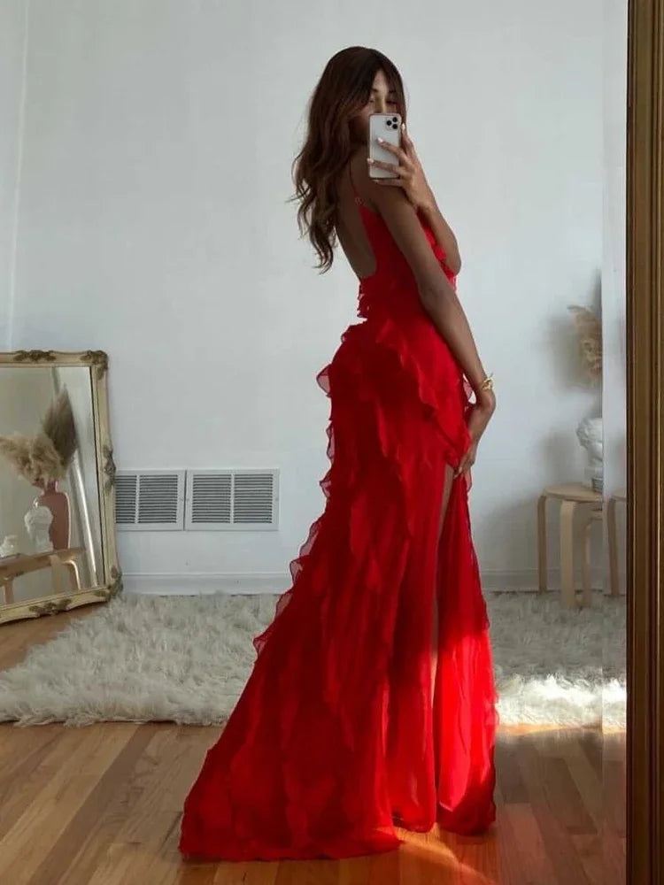 2024 Summer Fashion New Elegant Women's Sexy Chiffon Vacation Style Sling Dress with Ruffle Edge Style Long Dress