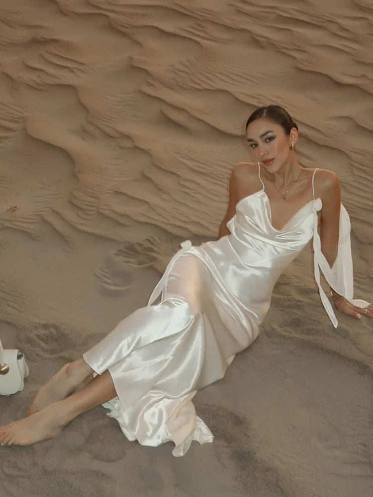Elegant 3d Flowers Backless Dress Women Bodycon Swing Collar Sleeveless White Sling Maxi Robe 2025 Summer Lady Evevning Vestidos