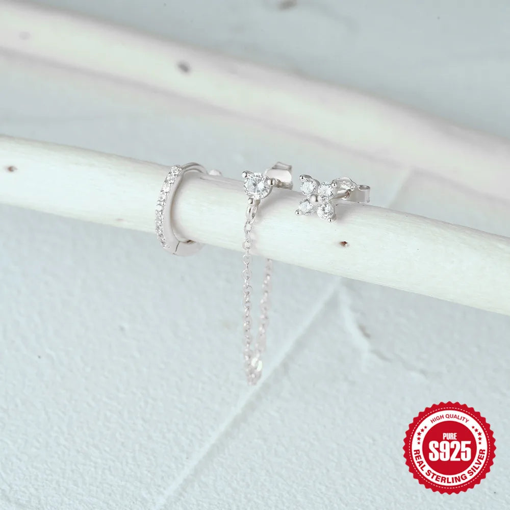 925 Sterling Silver 3pcs/set Cute Chians Stud Earrings Set Fashion Zircon Crystal Women Girls Gift Fine Jewelry Set