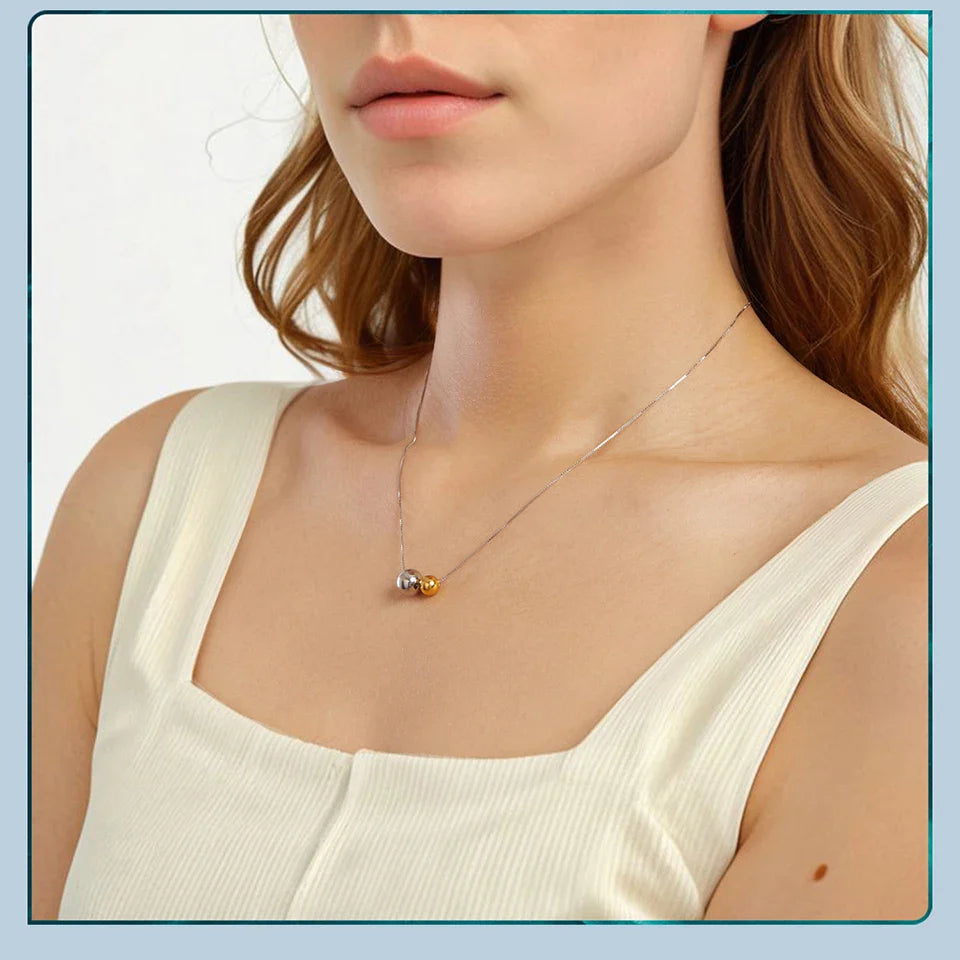 BAMOER 925 Sterling Silver Round Ball Beads Pendant Necklace Fashion Waterproof Metal Daily Gold Plated Trendy Jewelry for Women