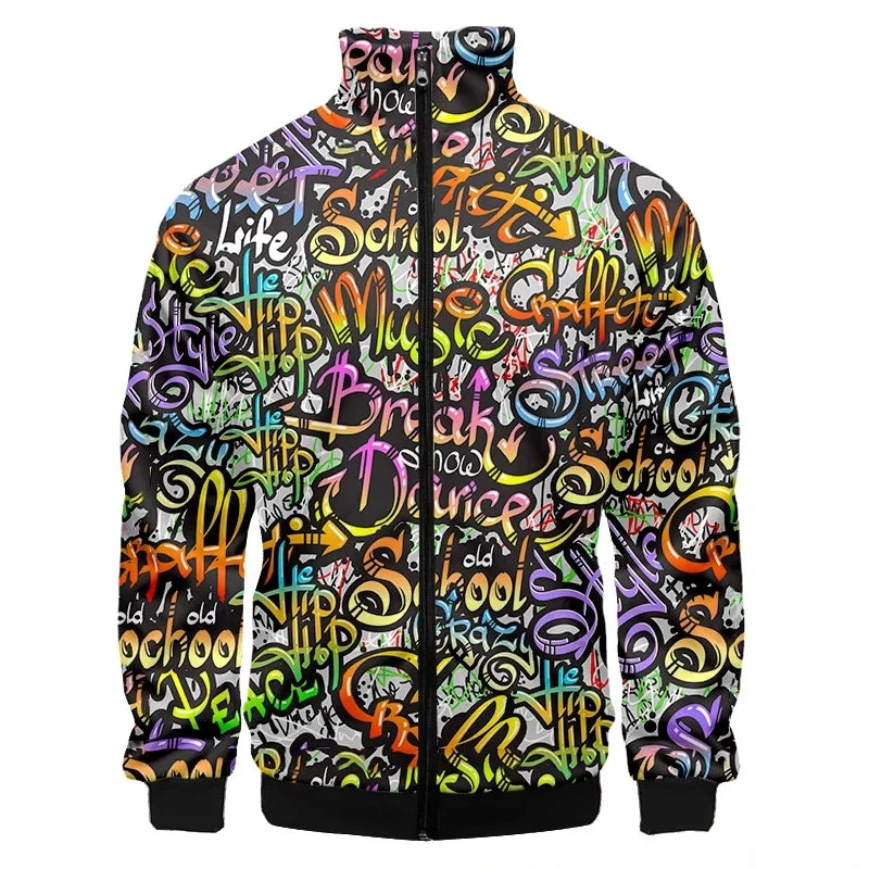 Colorful Monster Graffiti Art Men's Plus Size 3D Jacket Sportswear Spring Stand-up Collar Zipper Sweater Baseball Jacket Men's