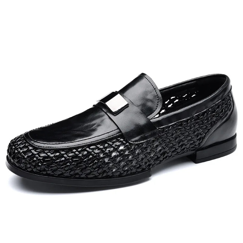 2026 Summer New Hallow Leather Shoes for Man Black Woven Breathable Elegant Shoes Man Fashion Business Loafers Male