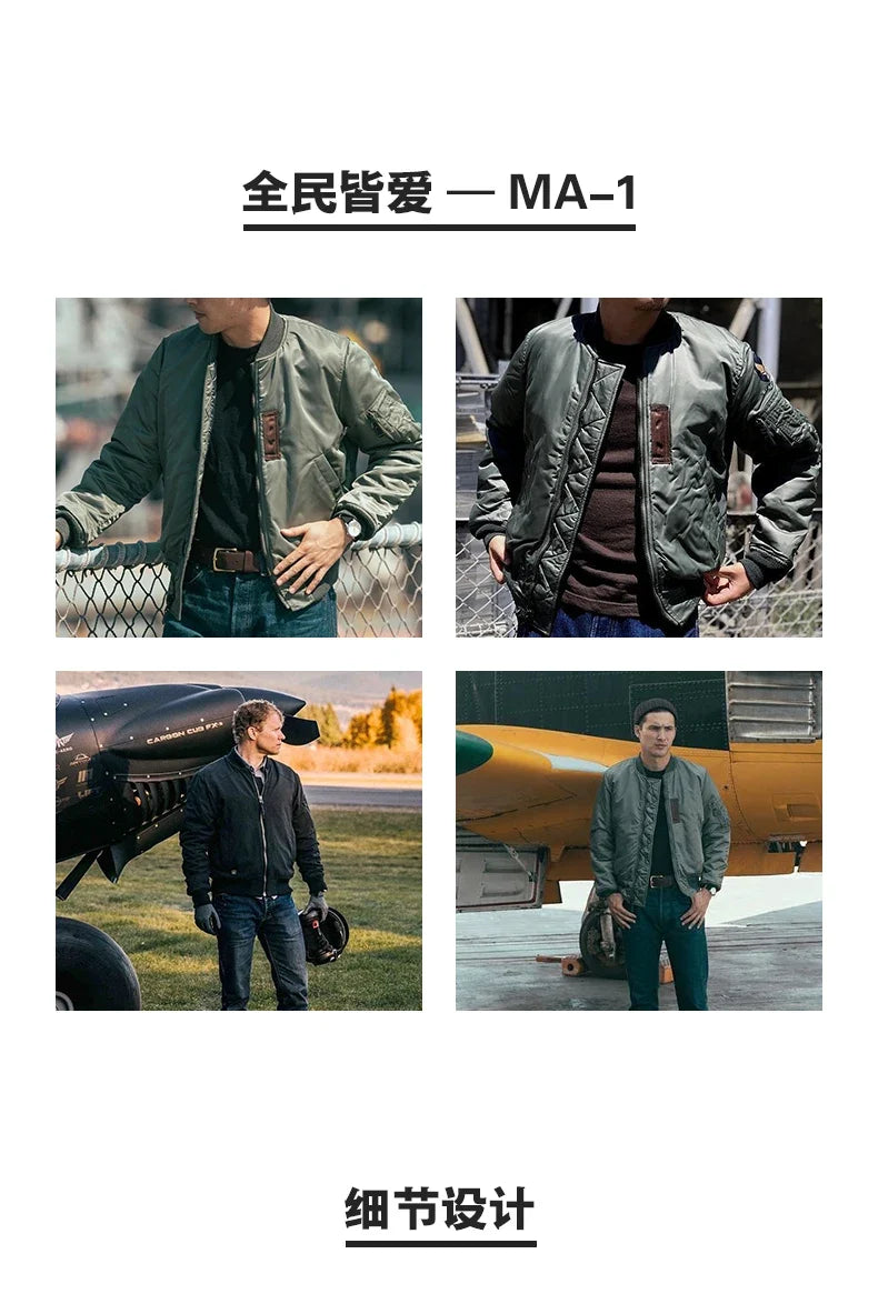 Vintage MA1 Pilot Jacket Green Thickened Cotton-padded Jacket Casual Baseball Pockets Flight Zipper Outwear for Men's Fall