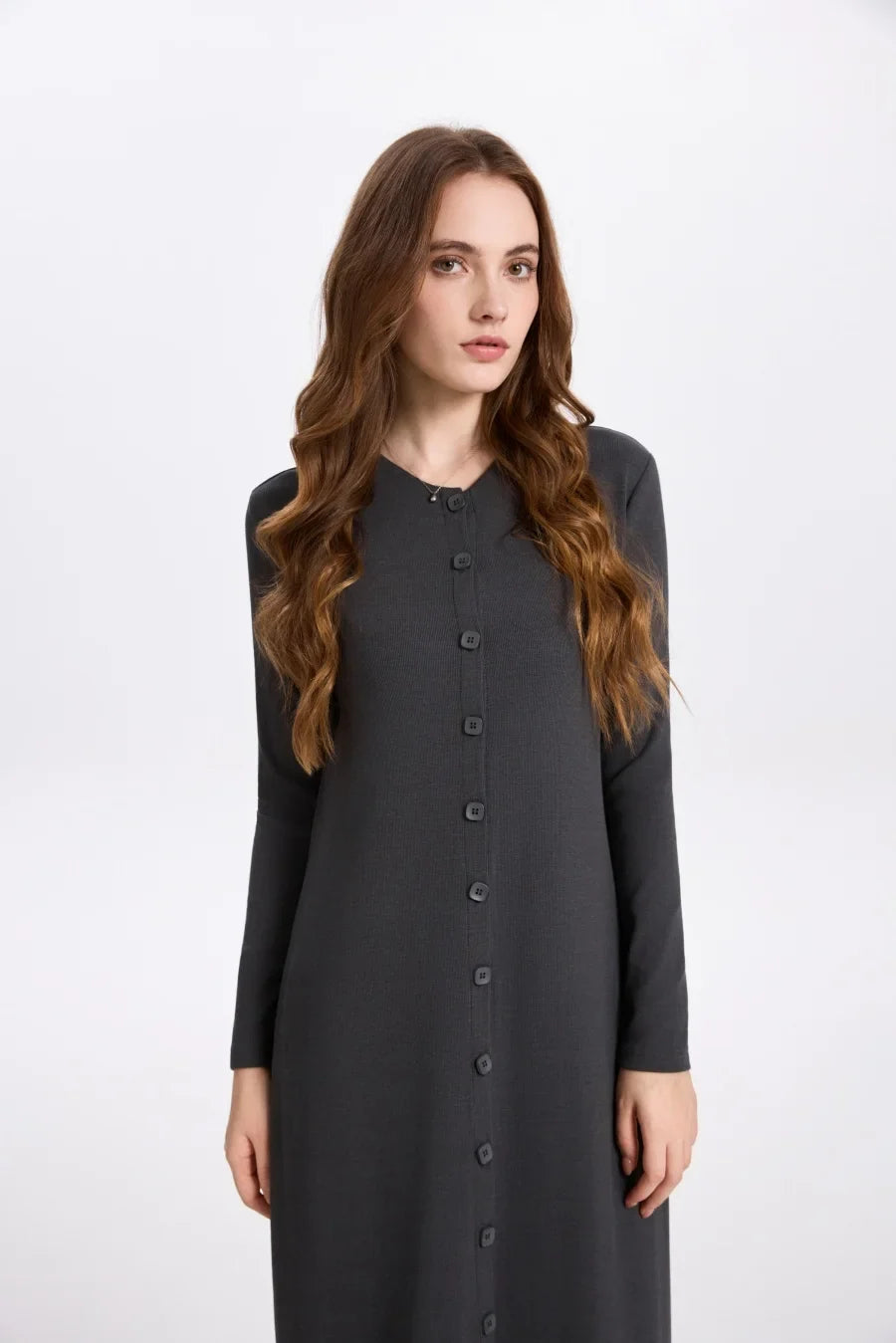 AW25 ribbing maxi dress woman fashion V neck comfortable button dress