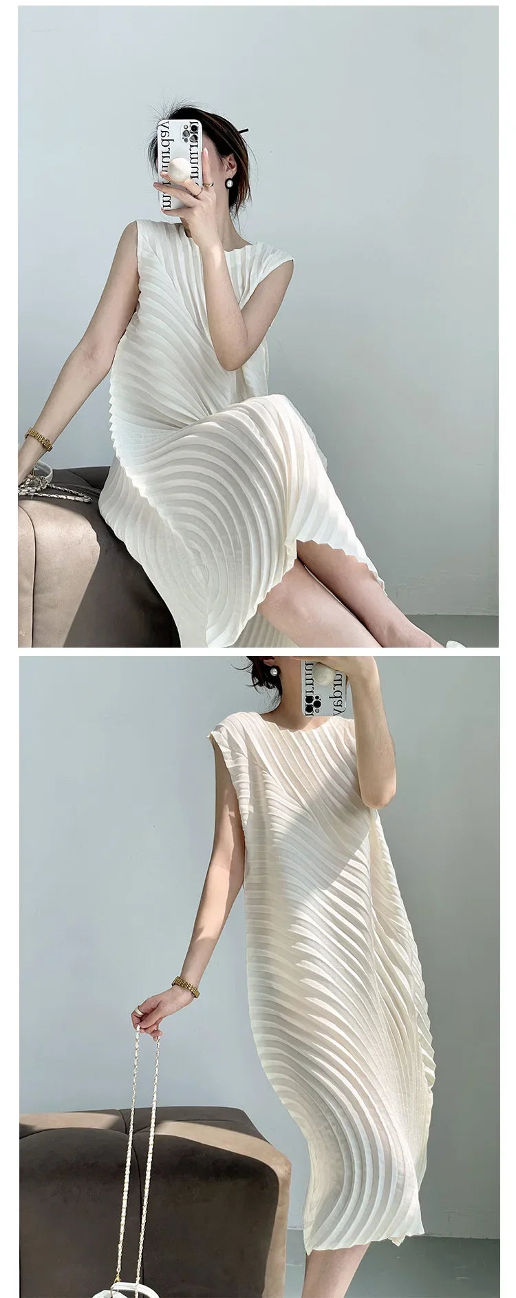 Hand Circle Pleated Sleeveless Dress Designer Long Round Neck Elegant Loose Summer Korean Style Aesthetic Clothes