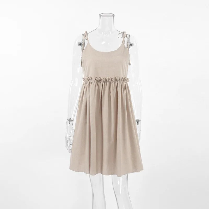 Women's Cotton Linen Spaghetti Strap Mini Dress Summer Loose A-Line Beach Vacation Dress Female Fashion Streetwear Dress