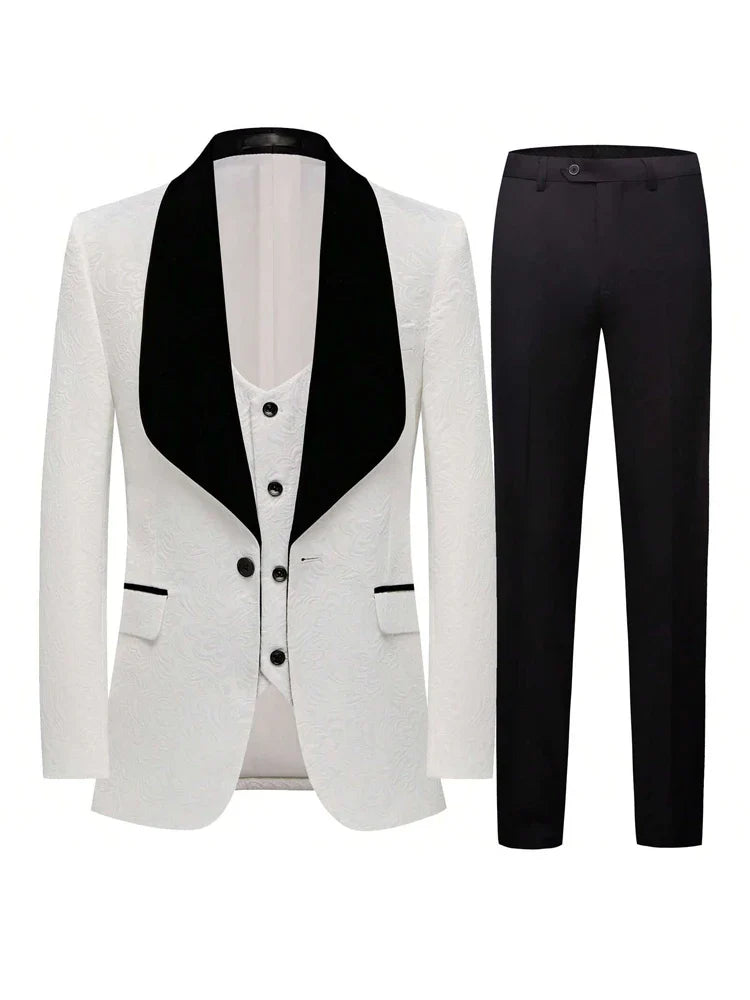 Men's three-piece floral jacquard slim-fitting suit set, including paisley pattern suit jacket, vest, and pants, suitable for ba