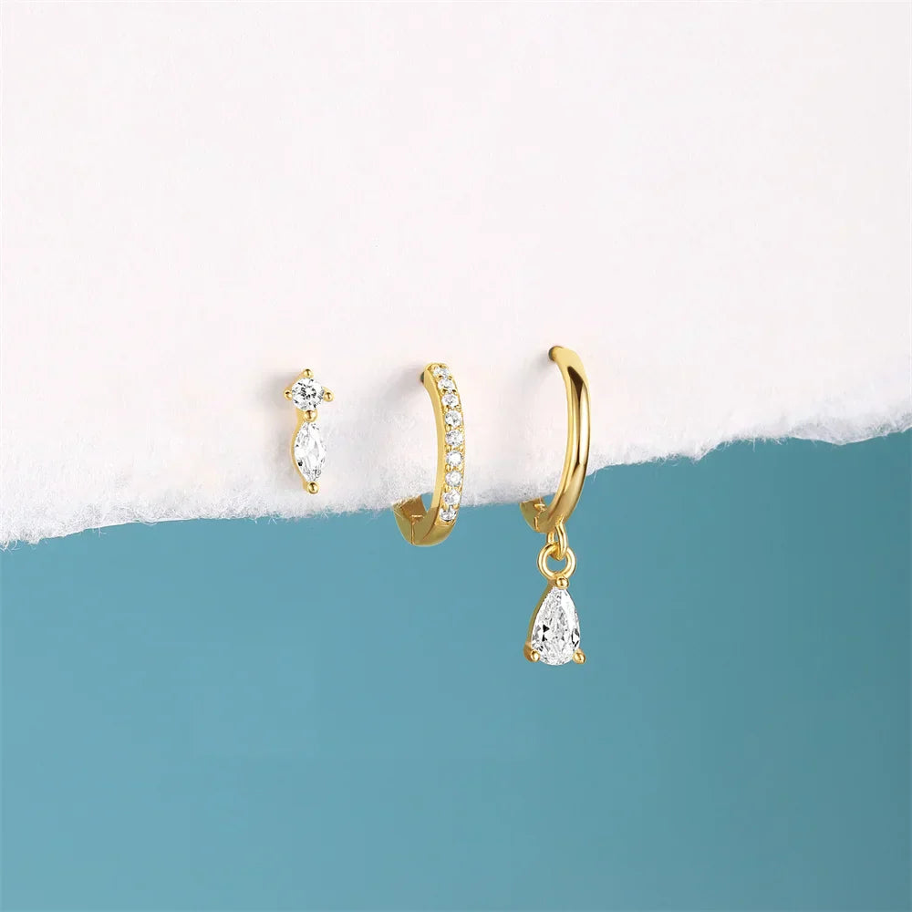 925 Sterling Silver WaterDrop/Flower/Pearl Earring Set For Women 18k Gold Plated 3 piece Earring Party Jewelry Gifts