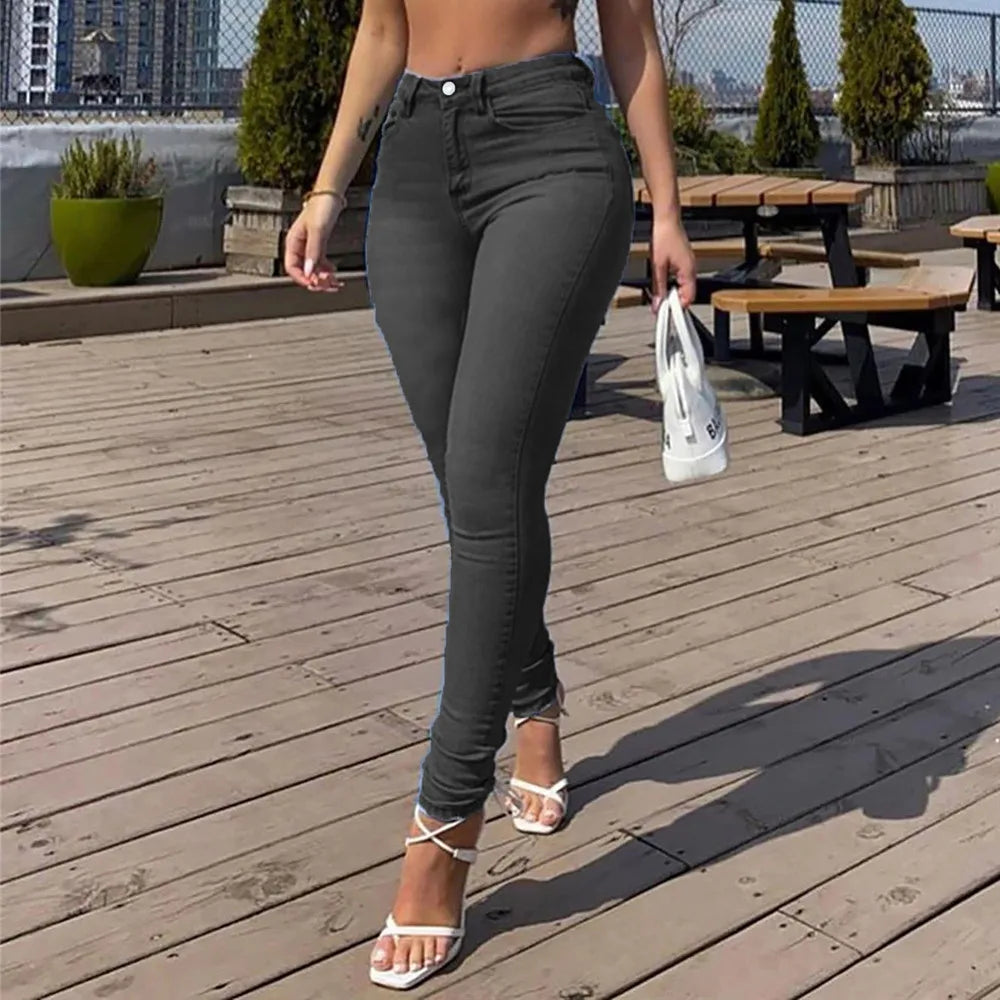 بنطلون جينز نسائي ضيق مطاطي بخصر متوسط