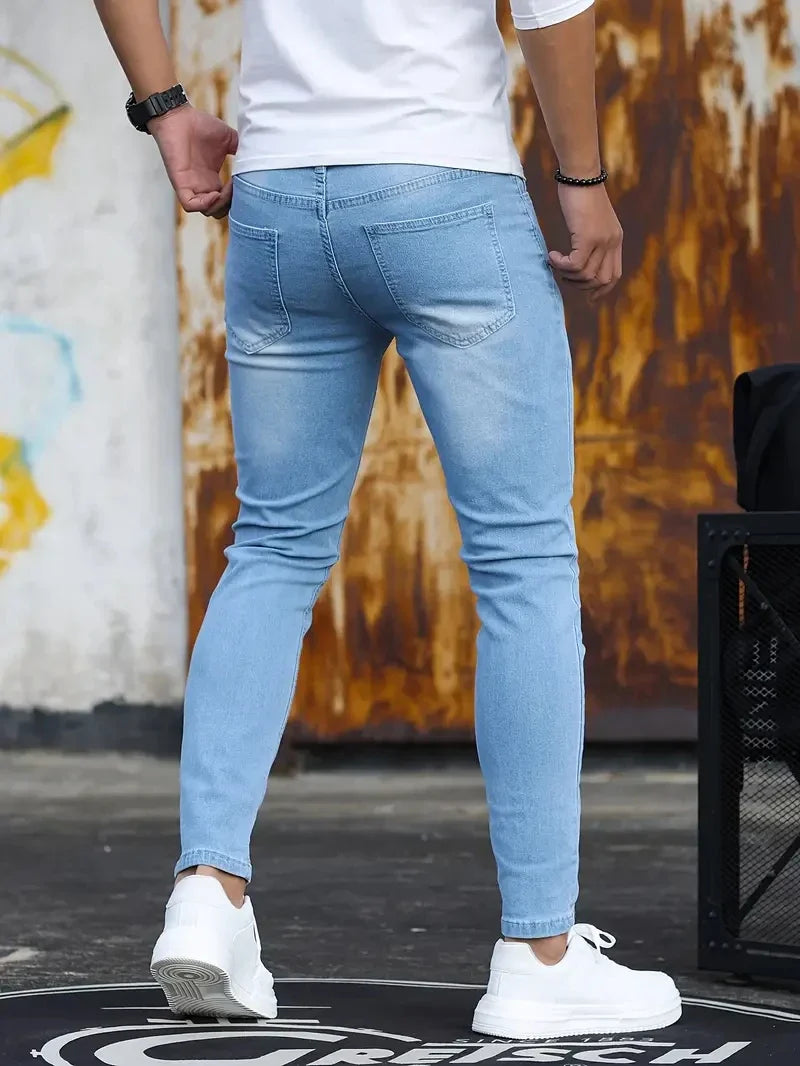 Men's Jeans Ripped Stretch cotton Black Blue Slim Pencil Pants