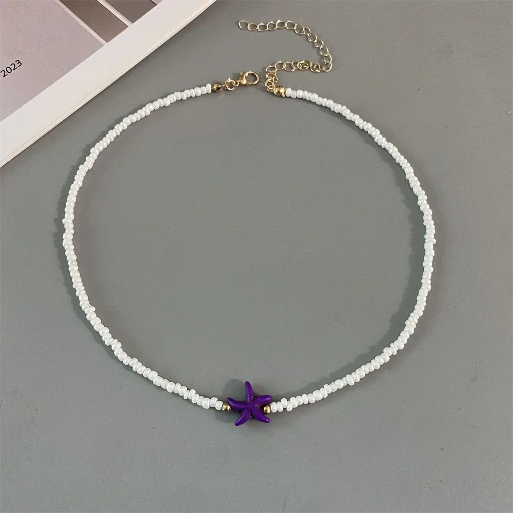 Shell Starfish Woman Short Necklace Summer Holiday Gift Handmade Choker  Seed Beads Neck Jewelry White