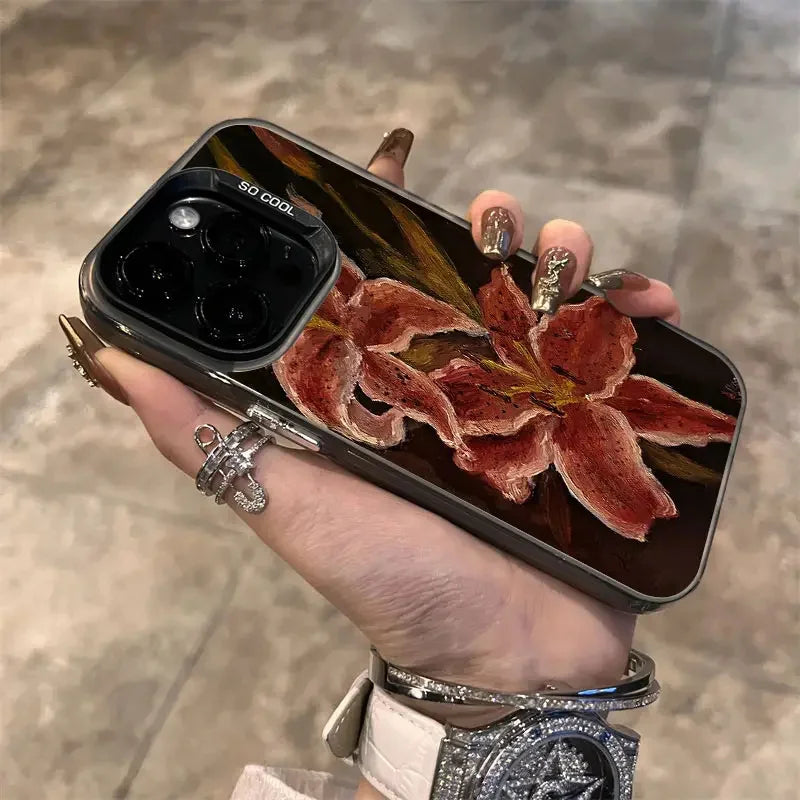 Oil Painting Lily Flower Retro Pattern Phone Case For iPhone 16 15 14 17 Air Pro Max 16E 13 12 11 7 8 SE 2022 Shockproof Cover