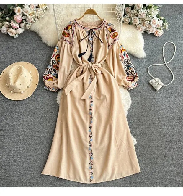 Retro Ethnic Sle Long Sve Embroidered round Ne A-Line Cotton Linen Dr Slimming Waist Cinched Ele Long Dr