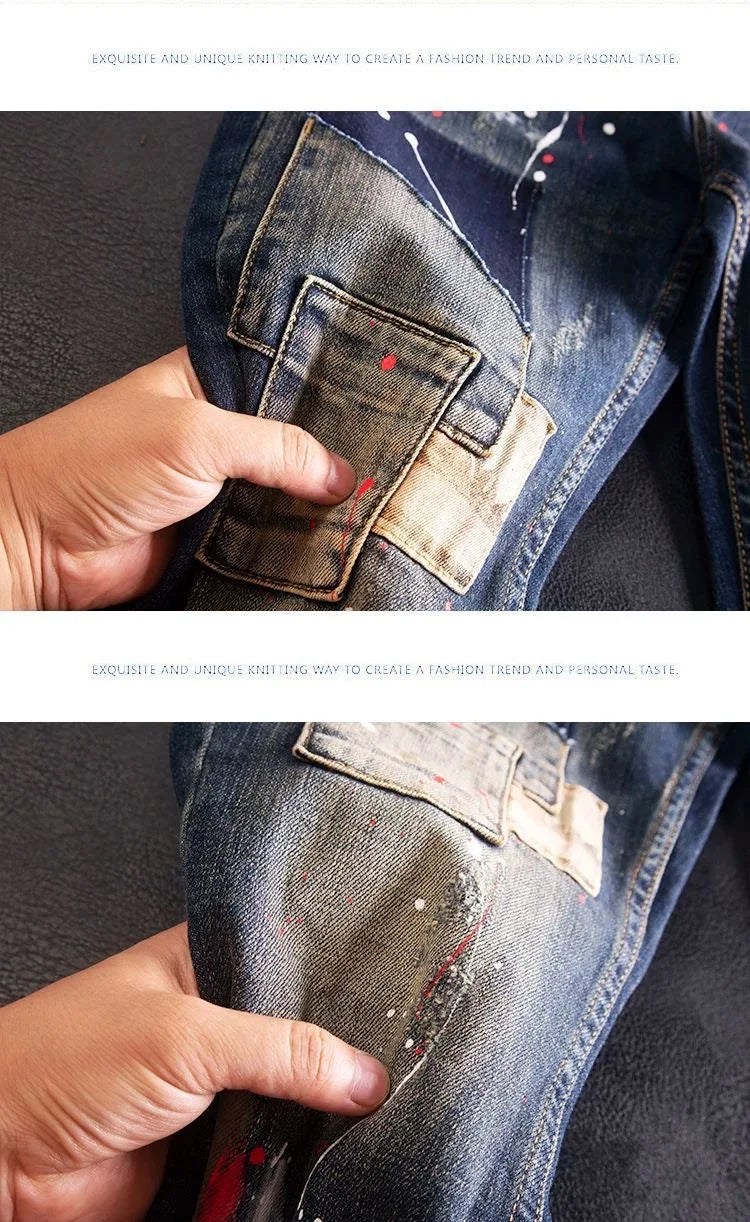 2024 Spring and Autumn New Fashion Trend Printed Straight Leg Stretch Jeans Men's Casual Loose Comfortable High Quality Pants
