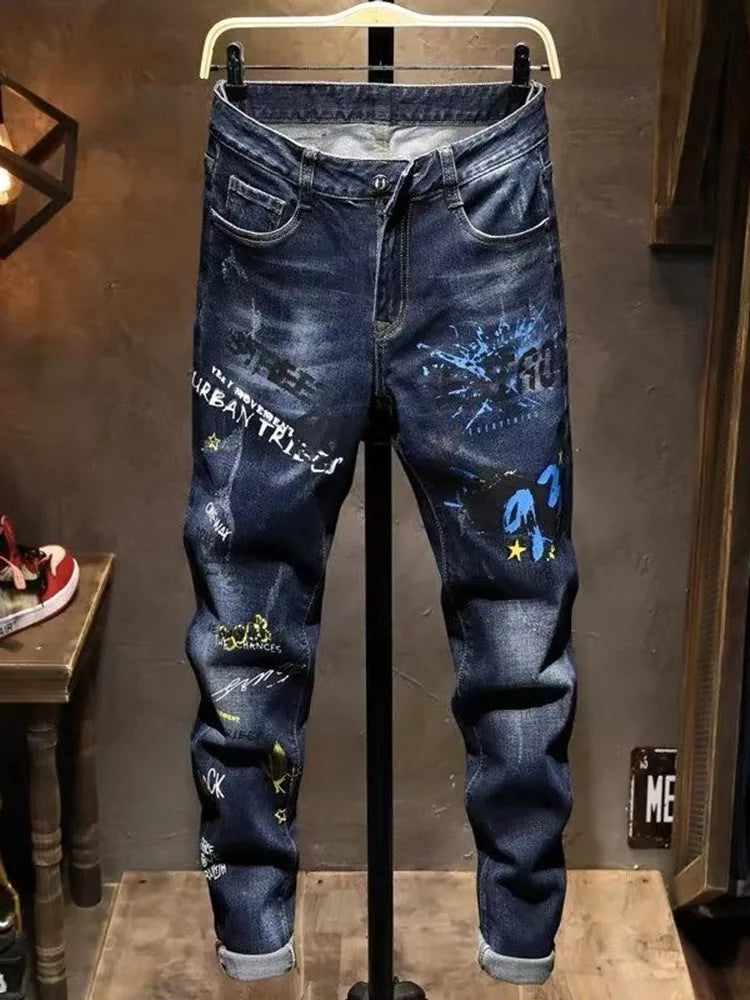 Spring and Autumn Fashion Trend Printed Straight-Leg Stretch Denim Jeans For Men Comfortable Casual Sports High-Quality Jeans