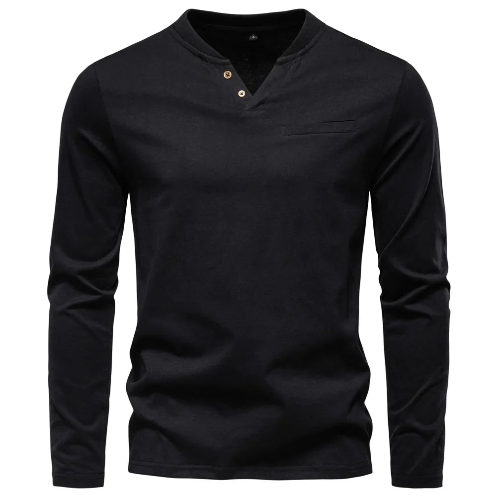 Men's 100% Cotton Henley T-Shirt Long Sleeve Solid Color with Fake Pocket Casual Comfortable Autumn Top