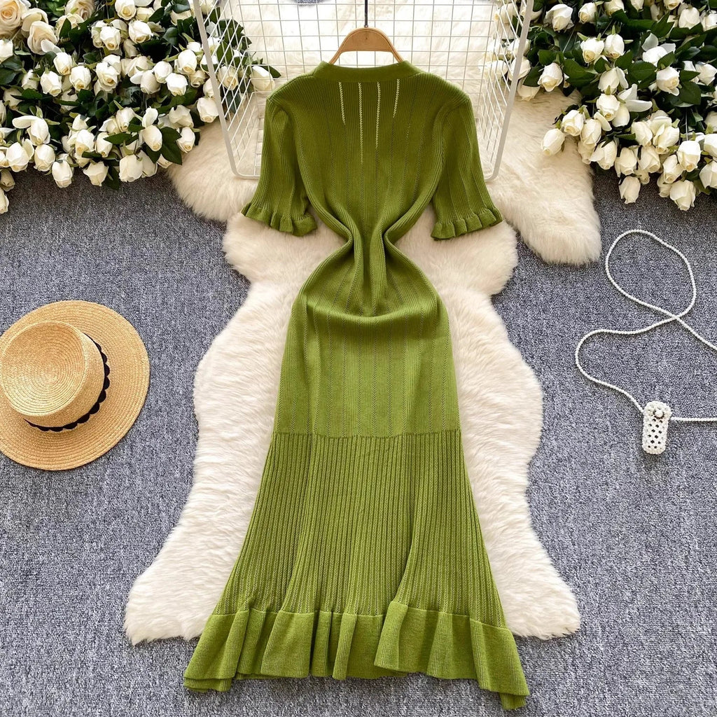 Brand Fashion Vintage Knitted Long Dress Spring Summer Women Elegant V-neck Ruffled Bodycon Sweater Dress Party Vestido