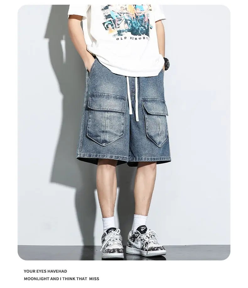 Bermuda Men's Denim Shorts Summer New Fashion Loose Jeans Casual Vintage Drawstring Cargo Short Pants Male Streetwear