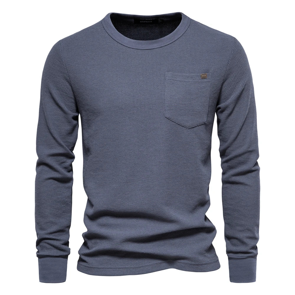 Waffle Cotton Solid Color Men Tshirts Single Pocket Long Sleeve Tee Shirts for Men New Spring Basic Breathable Tops Men