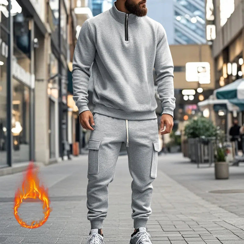 2024 autumn and winter men's casual velvet warm zipper sports trousers set