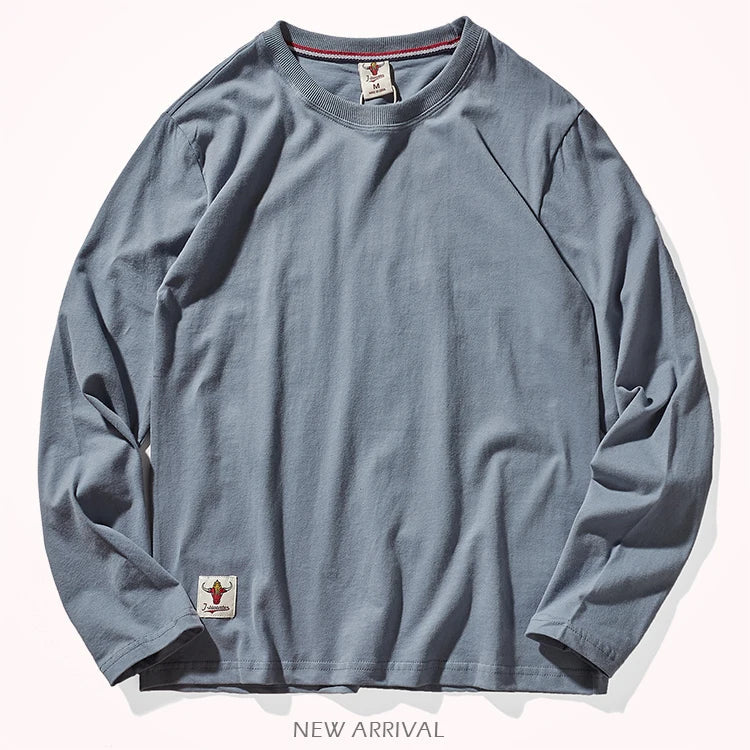 Autumn American Retro Long Sleeve O-neck Solid Color T-shirt Men's Fashion Simple 100% Cotton Washed Old Casual Bottoming Tops