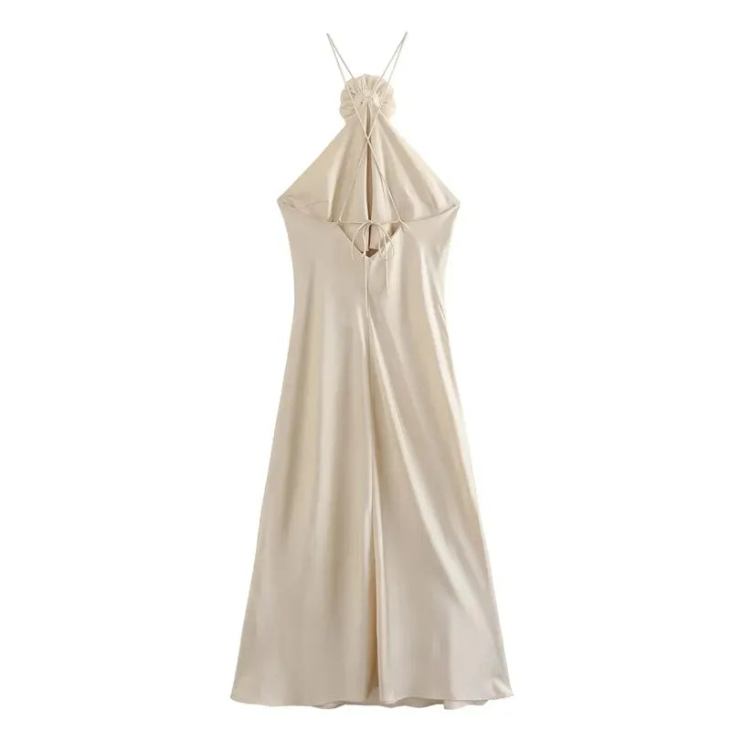 Flower Halter Dress Woman Off Shoulder Satin Long Dress