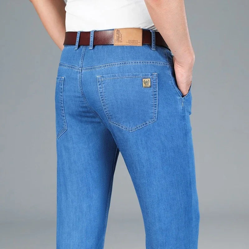 Men's Ice Silk Jeans Summer New Lyocell Thin Business Casual Denim Pants Classic All Match Slim Fit Straight Elastic Jean Male