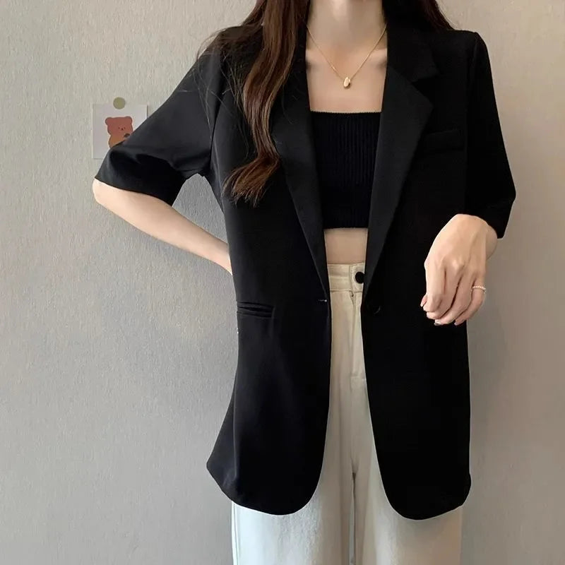 2026 Female Short Sleeved Suit Coat Women Summer Loose Fitting Solid Color Blazer Jacket Ladies Korean Leisure Tops Outerwear
