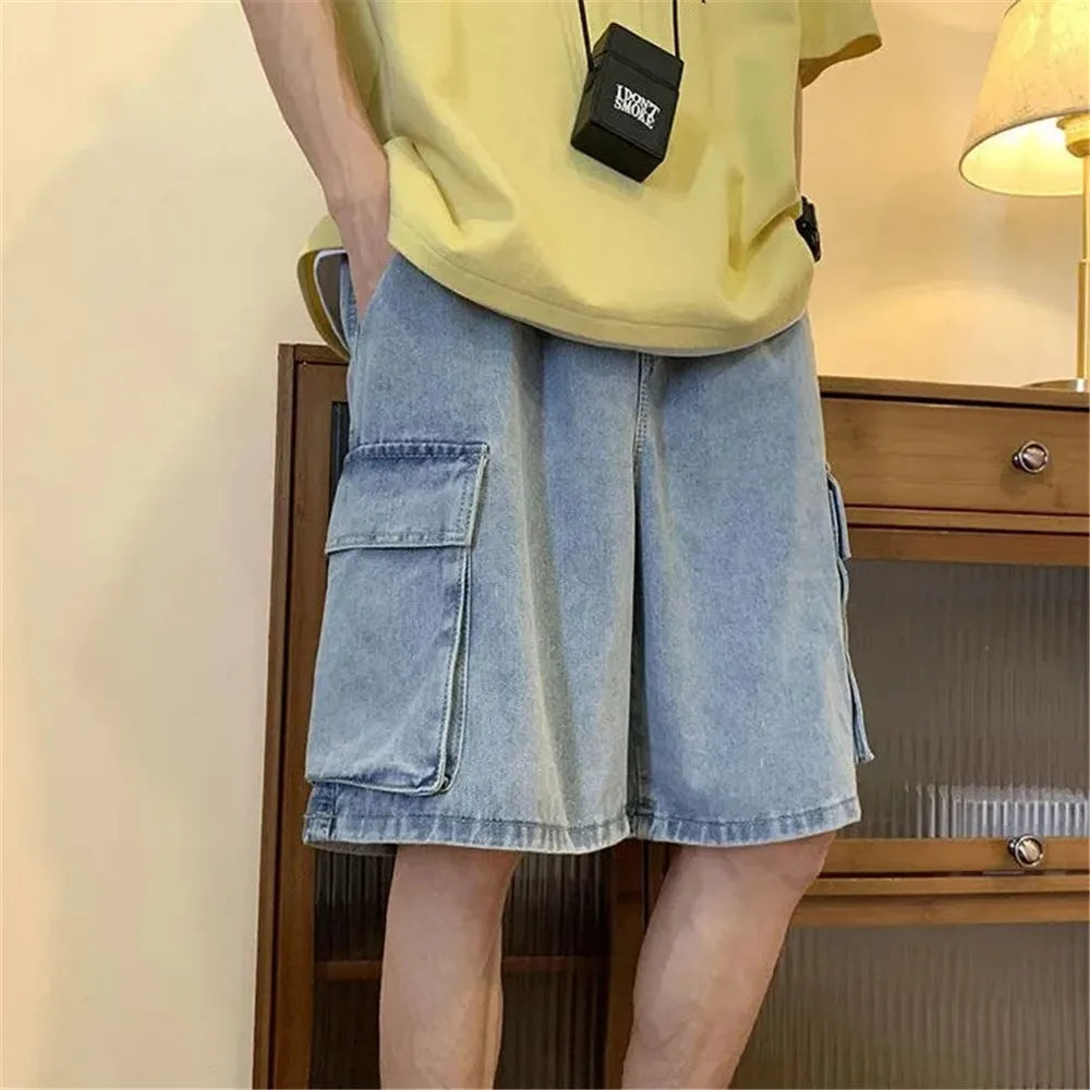 Pocket Casual Denim Shorts Summer Retro Blue Cargo Port Loose Big Pocket Thin Fashion Washed Five Point Casual High Waist Shorts