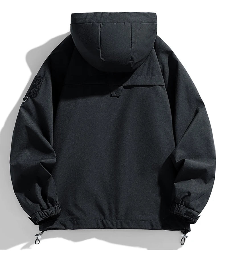 Windbreakers Men Hooded Jacket Zipper Coat Cargo Waterproof Black Bomber Camping Loose Thin Softshell Hooded Hiking Jacket