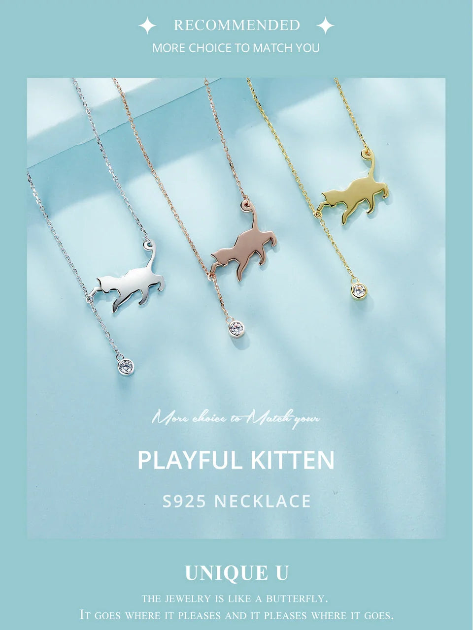 S925 Sterling Silver Cat Necklace Cute Silver Cat Pendant Collarbone Necklace for Women SCN232 3 Colors