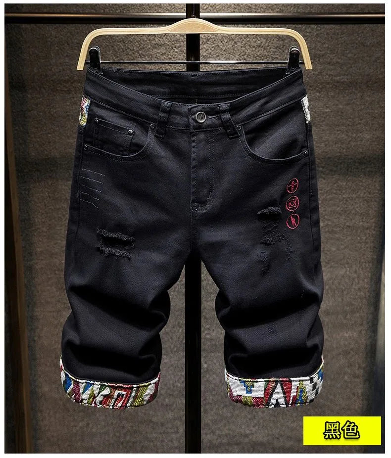 New Summer Fashion Trend Ripped Straight Tube Printed Denim Shorts Men's Casual Loose Comfortable Sports High Quality Pants