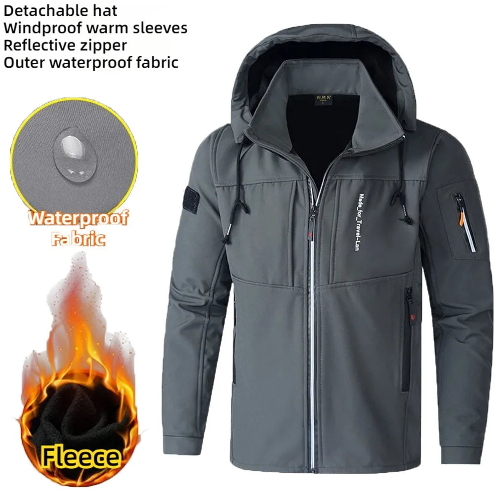 Men's Outdoor Jackets Fleece Lining Windbreaker Waterproof Winter Warm Jacket for Men Detachable Hat Men's Coats