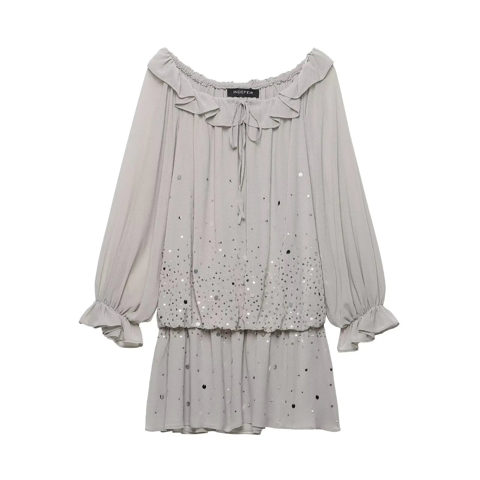 Elegant Summer Women’s Off-Shoulder Sequin Georgette Dress 2026 Female Ruffled Neckline Tiered Long Sleeve Mini Dress