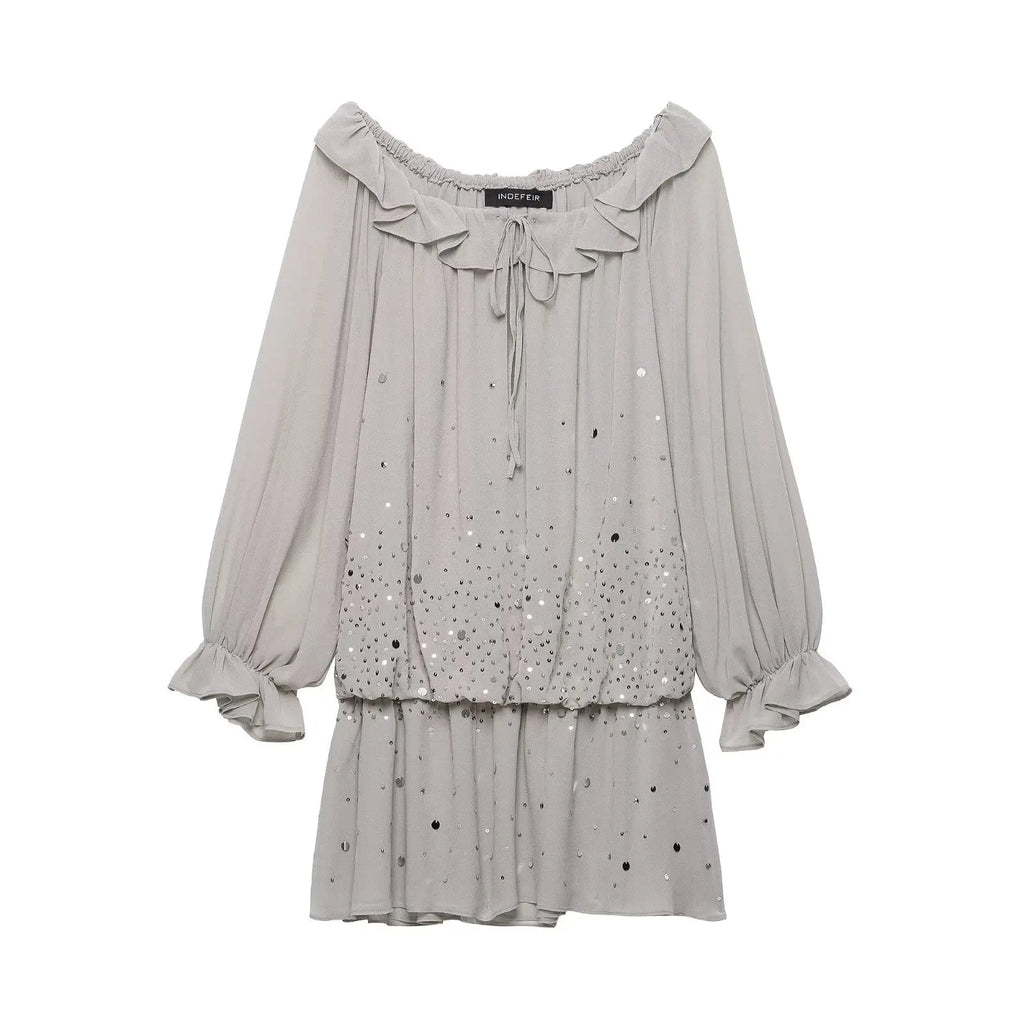 Elegant Summer Women’s Off-Shoulder Sequin Georgette Dress 2026 Female Ruffled Neckline Tiered Long Sleeve Mini Dress