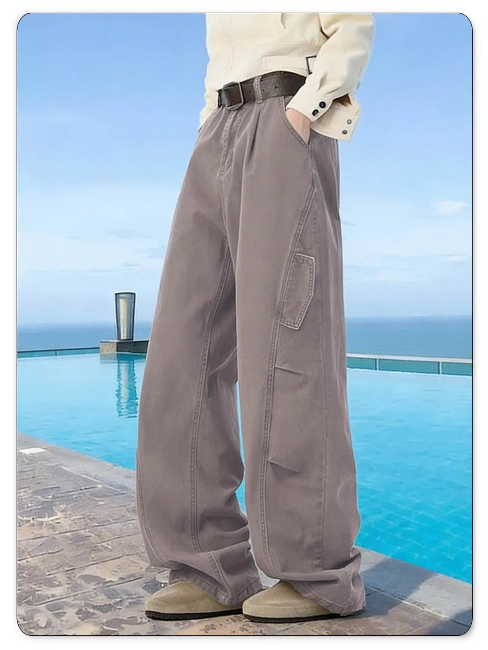 Spring Summer Retro Brown Baggy Wide Leg Casual Jeans 100% Cotton Daily Folded Splicing Deconstructed Casual Pants Unisex