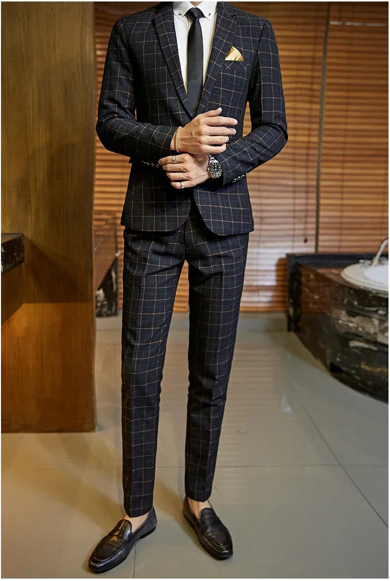 2025 Suit (Blazer+ Pants) Men's Boutique Fashion, Business Gentleman, Slim Fit, Outdoor Wedding, Plaid Trend, Banquet Suit