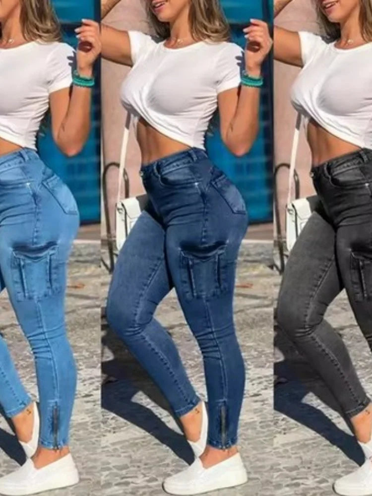 سراويل نسائية بقصة قلم رصاص بخصر عالٍ وأزرار للصيف