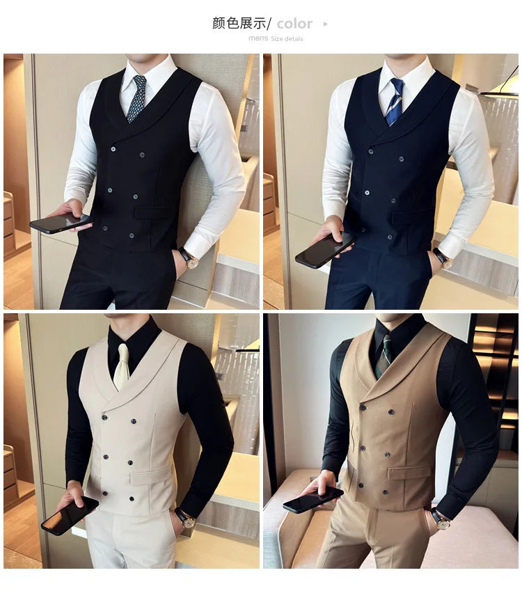 ( Vest + Pants) Men's Double-breasted Suit Vest 2 Pieces Set High Quality Business Casual Fashion Groom Wedding Dress Vest Sets