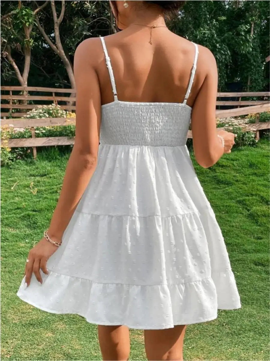 Women's White Swiss Dot Mini Dress Spaghetti Strap High Waist Ruffled Tiered Hem A Line Casual Summer Short Dress