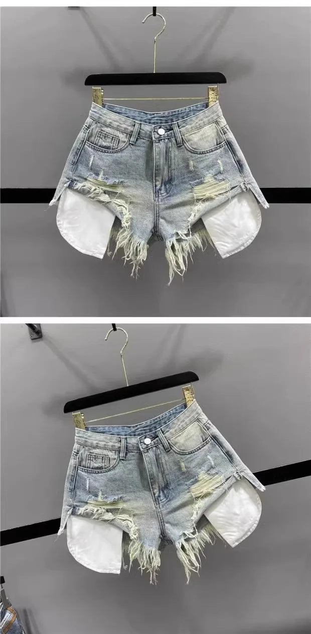 Korean Vintage Blue Sexy Ripped Jeans for Women Patchwork A-line High-waisted Denim Ultra Shorts